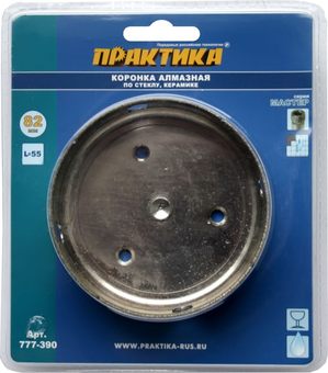 Коронка алмазная ПРАКТИКА  "Мастер" по стеклу и керамике  82 мм (1шт) блистер (777-390)